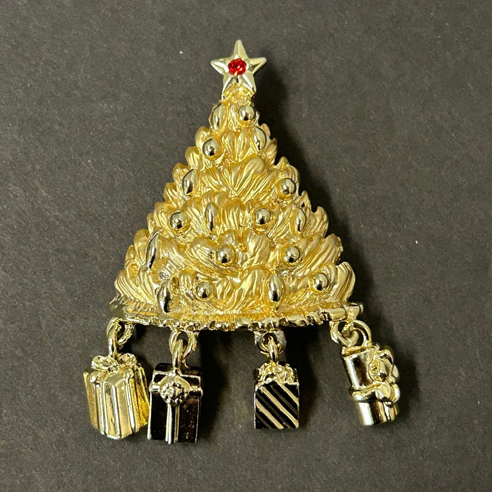 Vintage Danecraft Christmas Tree Brooch Gold Excellent Dangle Gift Charms